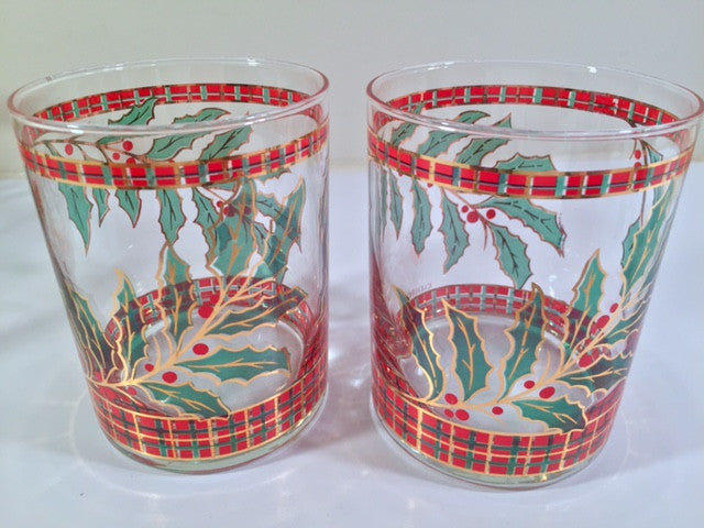 Culver Signed Mid-Century Christmas Holly and Berry Double Old Fashion Glasses (Set of 4)