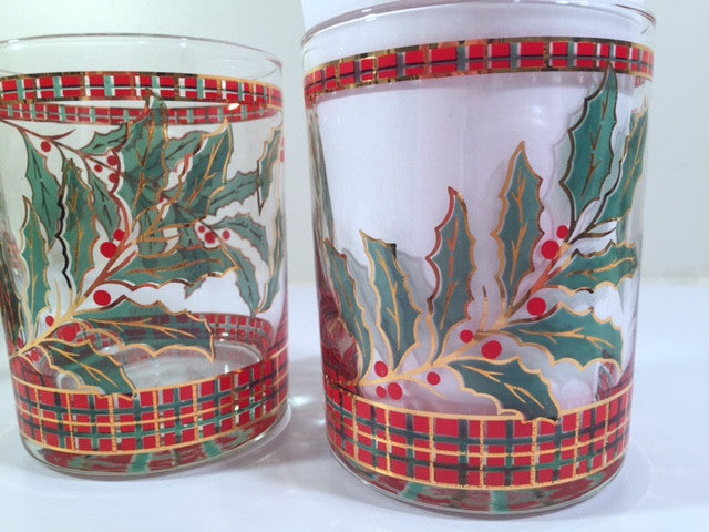 Culver Signed Mid-Century Christmas Holly and Berry Double Old Fashion Glasses (Set of 4)