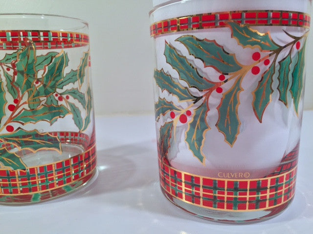 Culver Signed Mid-Century Christmas Holly and Berry Double Old Fashion Glasses (Set of 4)
