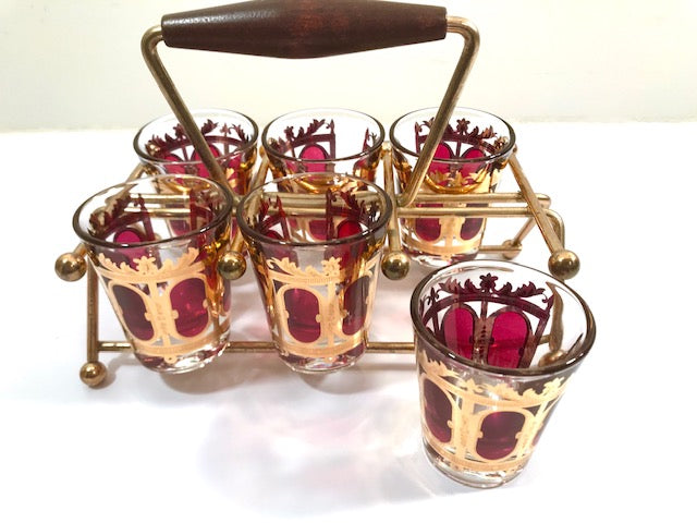 Culver Signed Mid-Century Cranberry Scroll Shot Glasses With Atomic Carrier (Set of 6)
