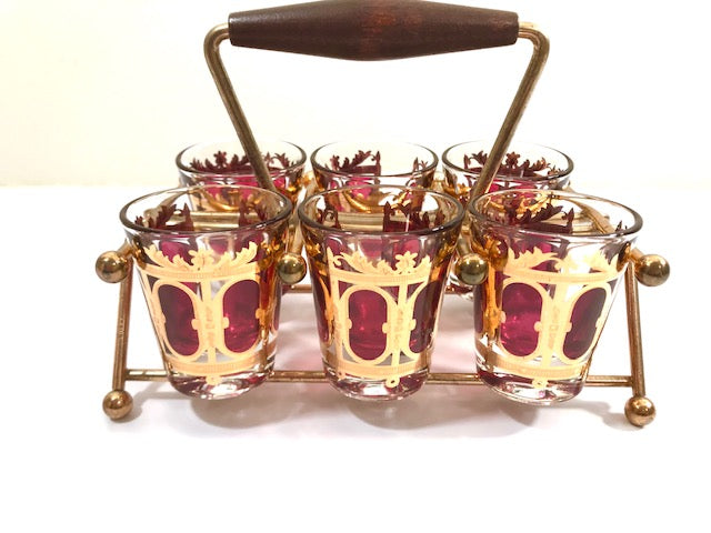 Culver Signed Mid-Century Cranberry Scroll Shot Glasses With Atomic Carrier (Set of 6)
