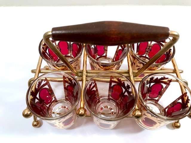Culver Signed Mid-Century Cranberry Scroll Shot Glasses With Atomic Carrier (Set of 6)
