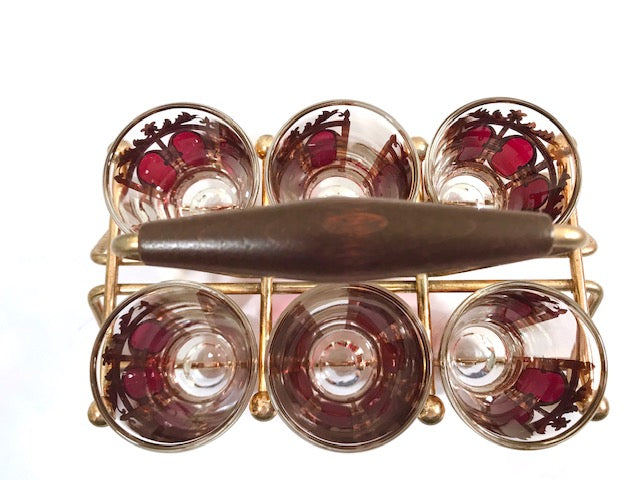 Culver Signed Mid-Century Cranberry Scroll Shot Glasses With Atomic Carrier (Set of 6)