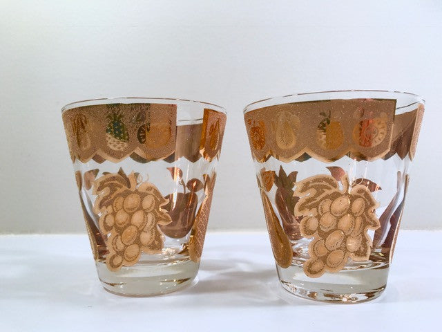 Culver Signed Mid-Century Florentine Golden Fruit Double Old Fashion Glasses (Set of 2)
