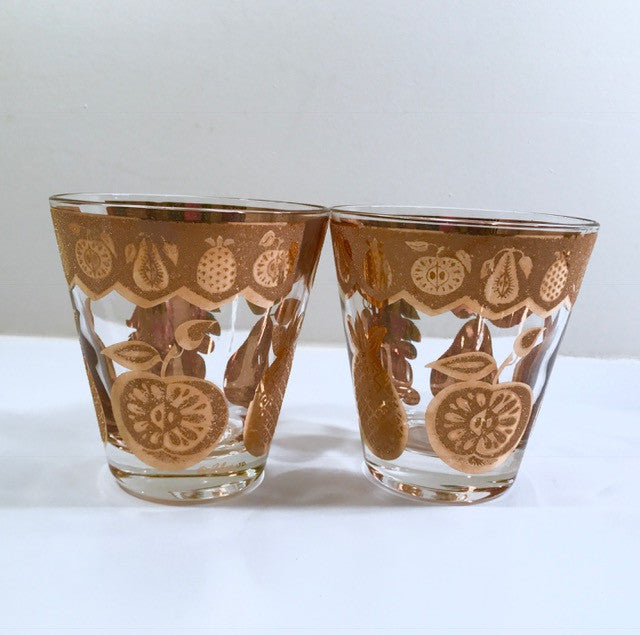 Culver Signed Mid-Century Florentine Golden Fruit Double Old Fashion Glasses (Set of 2)