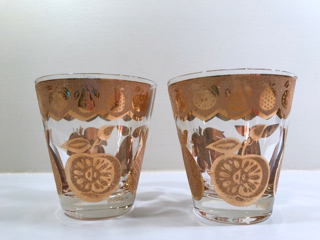 Culver Signed Mid-Century Florentine Golden Fruit Double Old Fashion Glasses (Set of 2)