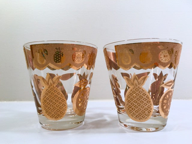 Culver Signed Mid-Century Florentine Golden Fruit Double Old Fashion Glasses (Set of 2)