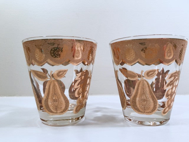 Culver Signed Mid-Century Florentine Golden Fruit Double Old Fashion Glasses (Set of 2)