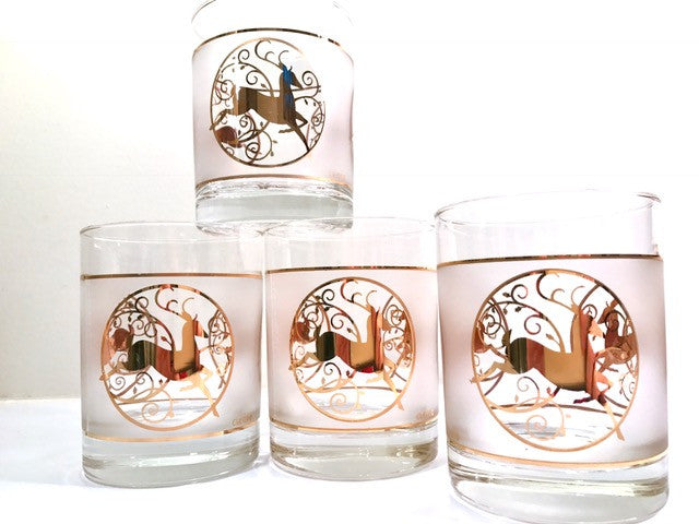 Culver Signed Mid-Century Golden Reindeer Double Old Fashion Glasses (Set of 4)