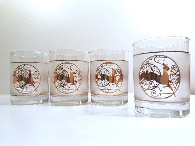 Culver Signed Mid-Century Golden Reindeer Double Old Fashion Glasses (Set of 4)