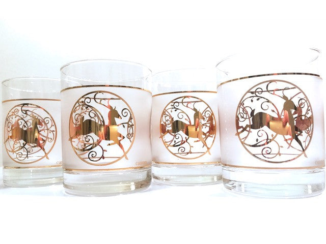 Culver Signed Mid-Century Golden Reindeer Double Old Fashion Glasses (Set of 4)
