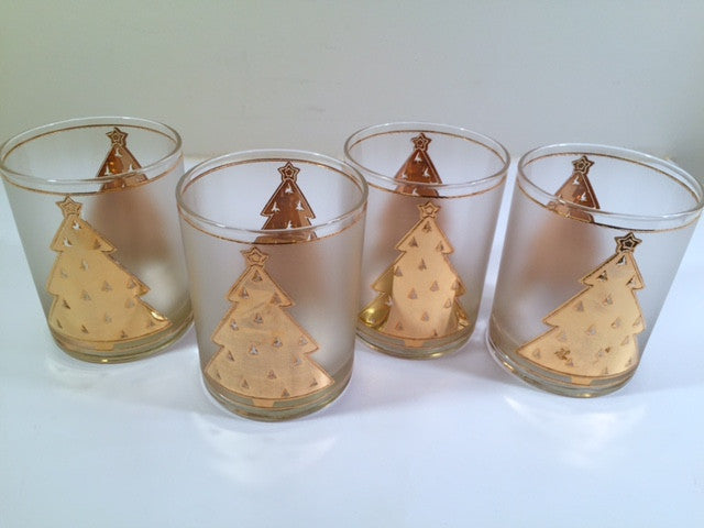 Culver Signed Mid-Century Lord and Taylor 22-Karat Gold Christmas Tree Double Old Fashion Glasses (Set of 4)