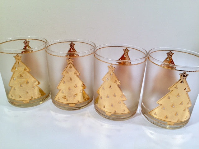Culver Signed Mid-Century Lord and Taylor 22-Karat Gold Christmas Tree Double Old Fashion Glasses (Set of 4)