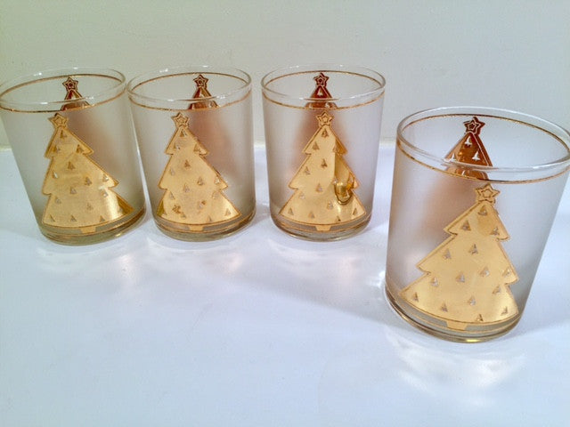 Culver Signed Mid-Century Lord and Taylor 22-Karat Gold Christmas Tree Double Old Fashion Glasses (Set of 4)