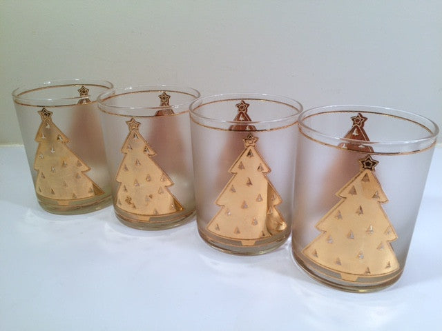 Culver Signed Mid-Century Lord and Taylor 22-Karat Gold Christmas Tree Double Old Fashion Glasses (Set of 4)