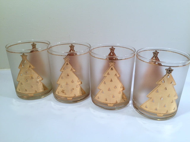 Culver Signed Mid-Century Lord and Taylor 22-Karat Gold Christmas Tree Double Old Fashion Glasses (Set of 4)