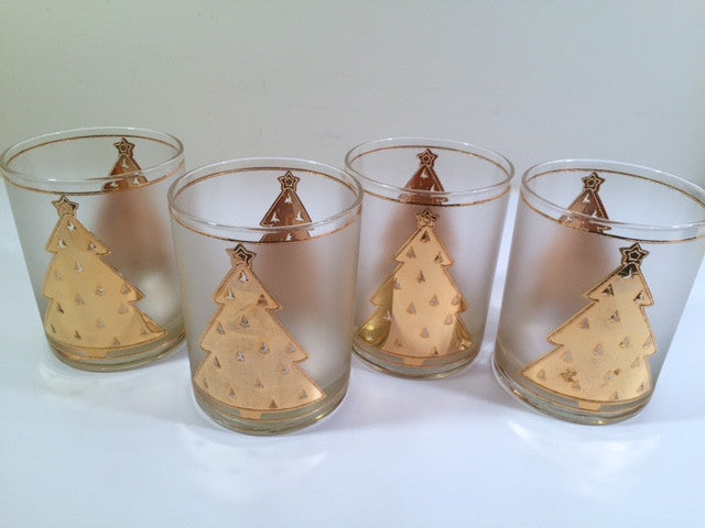 Culver Signed Mid-Century Lord and Taylor 22-Karat Gold Christmas Tree Double Old Fashion Glasses (Set of 4)
