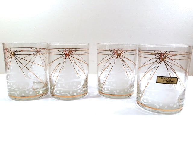 Culver Signed Mid-Century White Trees Double Old Fashion Glasses (Set of 4)