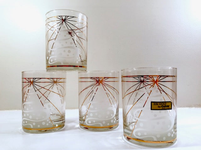 Culver Signed Mid-Century White Trees Double Old Fashion Glasses (Set of 4)
