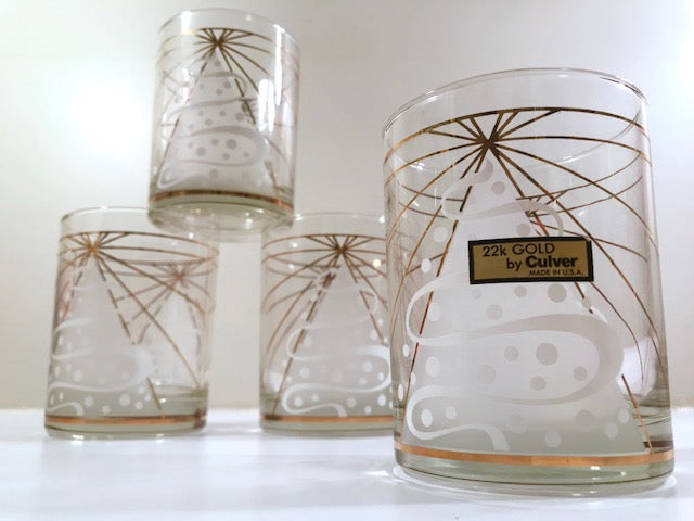 Culver Signed Mid-Century White Trees Double Old Fashion Glasses (Set of 4)