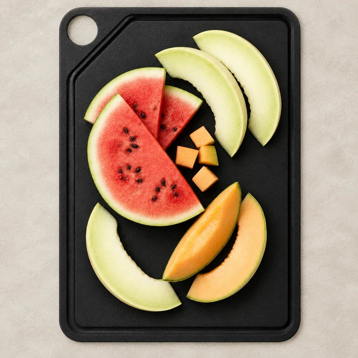 CUT-IT chopping board, large - black with grooved drip catch edge