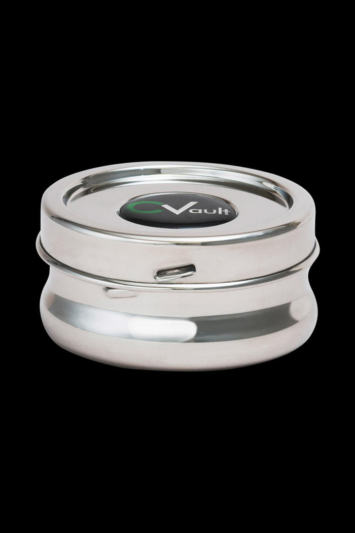 A centered, close-up shot of the CVault Stainless Steel Storage Container - Twist, reflecting light on its polished metal surface.