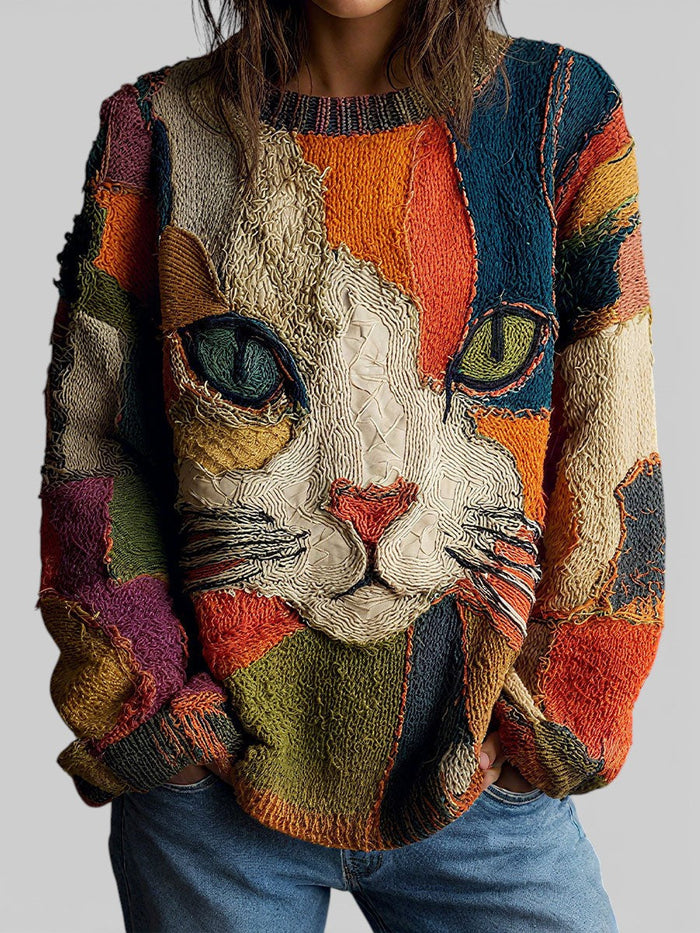 Edith | Women's Artistic Cat Patchwork Sweater