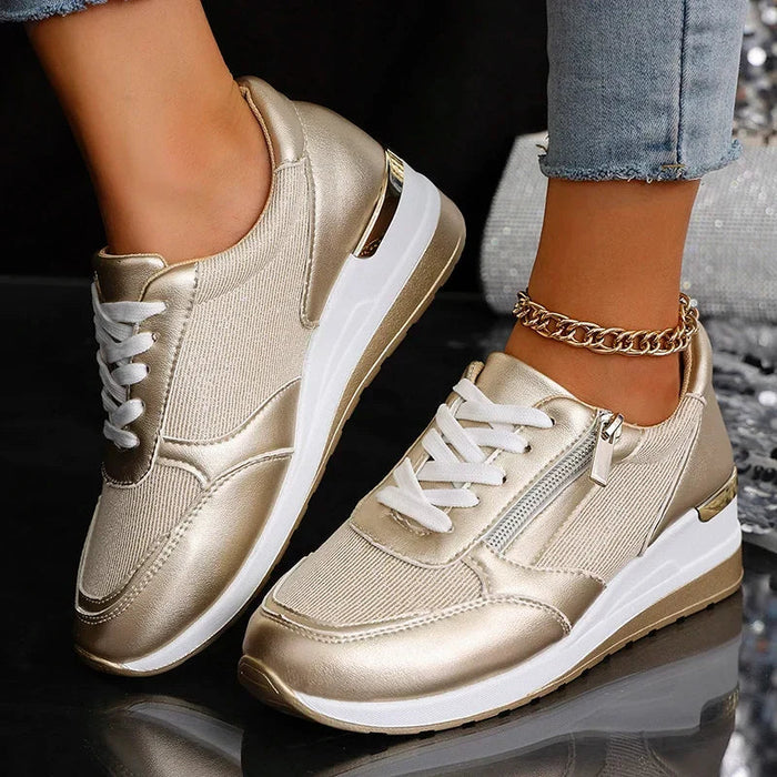 Élodie | Women Wedge Sneakers Metallic Finish Side Zip
