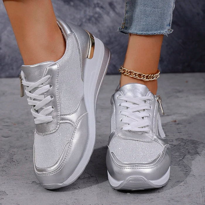 Élodie | Women Wedge Sneakers Metallic Finish Side Zip