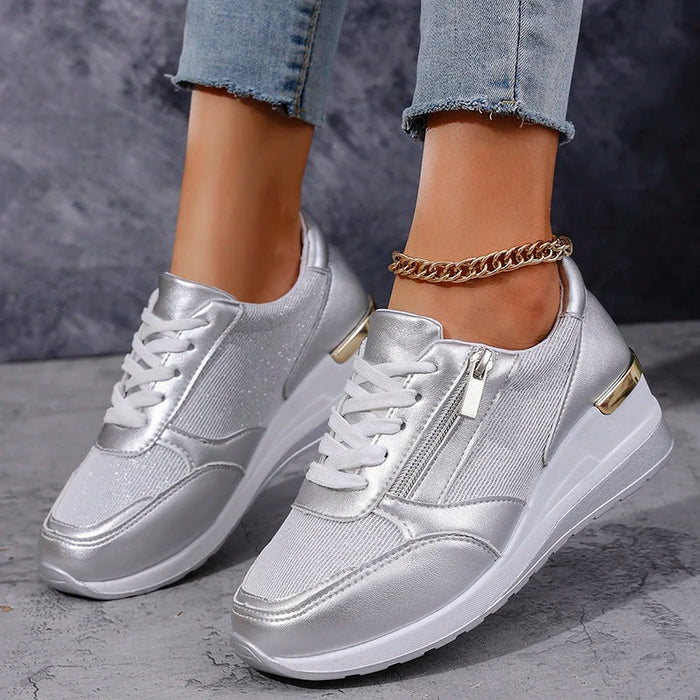 Élodie | Women Wedge Sneakers Metallic Finish Side Zip