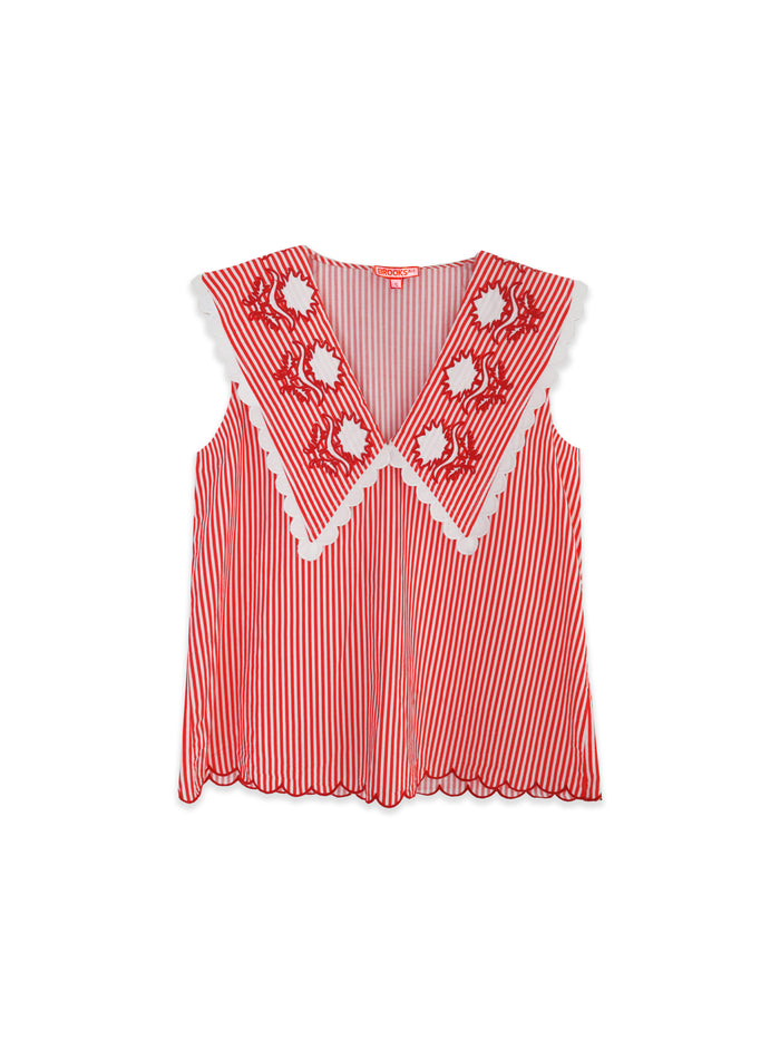 Red and white striped sleeveless top with floral embroidery on a white background