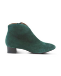 Hunter Green suede ankle boot with a low block heel and a smooth, minimal silhouette. side view