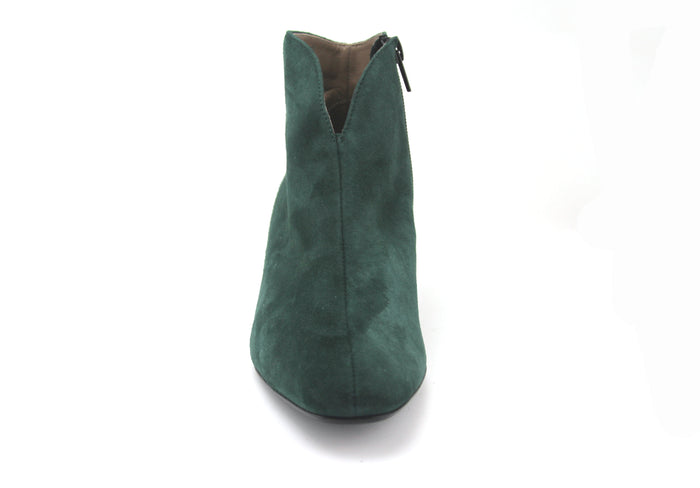 Hunter Green suede ankle boot with a low block heel and a smooth, minimal silhouette. front view