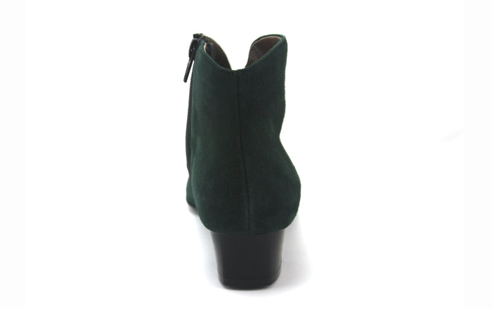 Hunter Green suede ankle boot with a low block heel and a smooth, minimal silhouette. back view