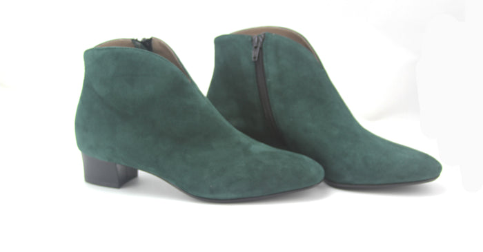 Hunter Green suede ankle boot with a low block heel and a smooth, minimal silhouette. Zipper on inside of the bootie to close