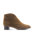 Luggage suede ankle boot with a low block heel and a smooth, minimal silhouette. Side View