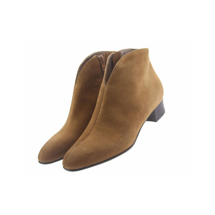 Luggage suede ankle boot with a low block heel and a smooth, minimal silhouette. both shoes angle