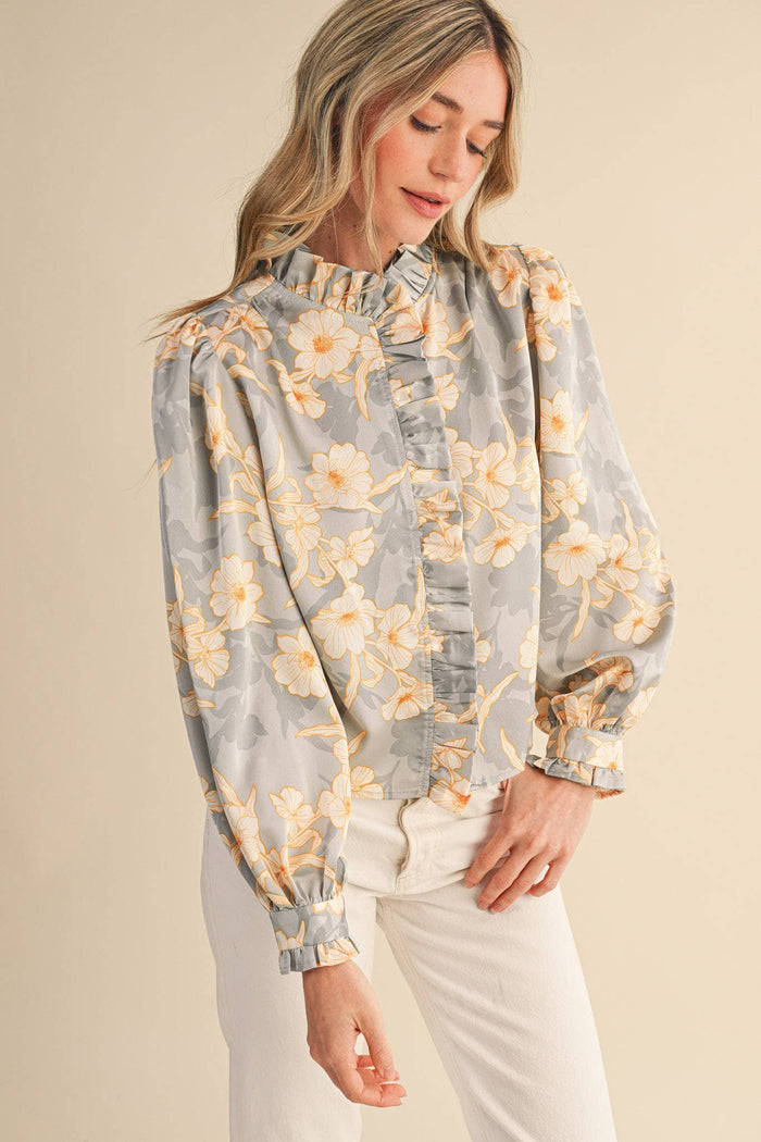 EXCLUSIVE FLORAL PRINT RUFFLED BUTTON DOWN TOP MTP4708: SILVER GREY FLORAL / L