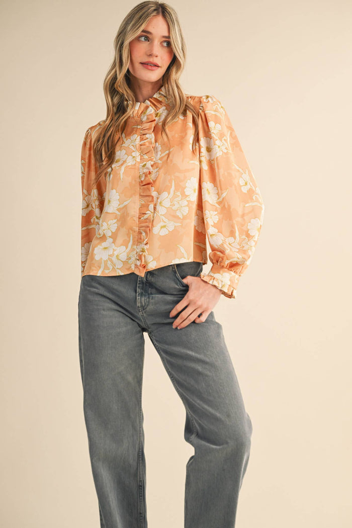 EXCLUSIVE FLORAL PRINT RUFFLED BUTTON DOWN TOP MTP4708: SILVER GREY FLORAL / L