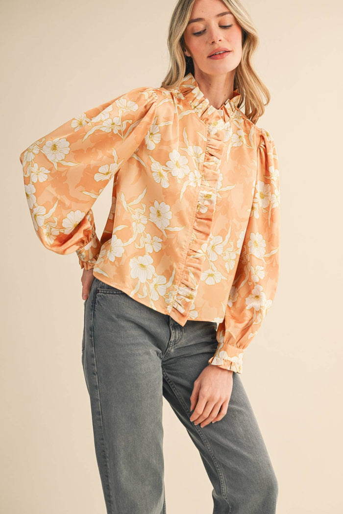 EXCLUSIVE FLORAL PRINT RUFFLED BUTTON DOWN TOP MTP4708: SILVER GREY FLORAL / L