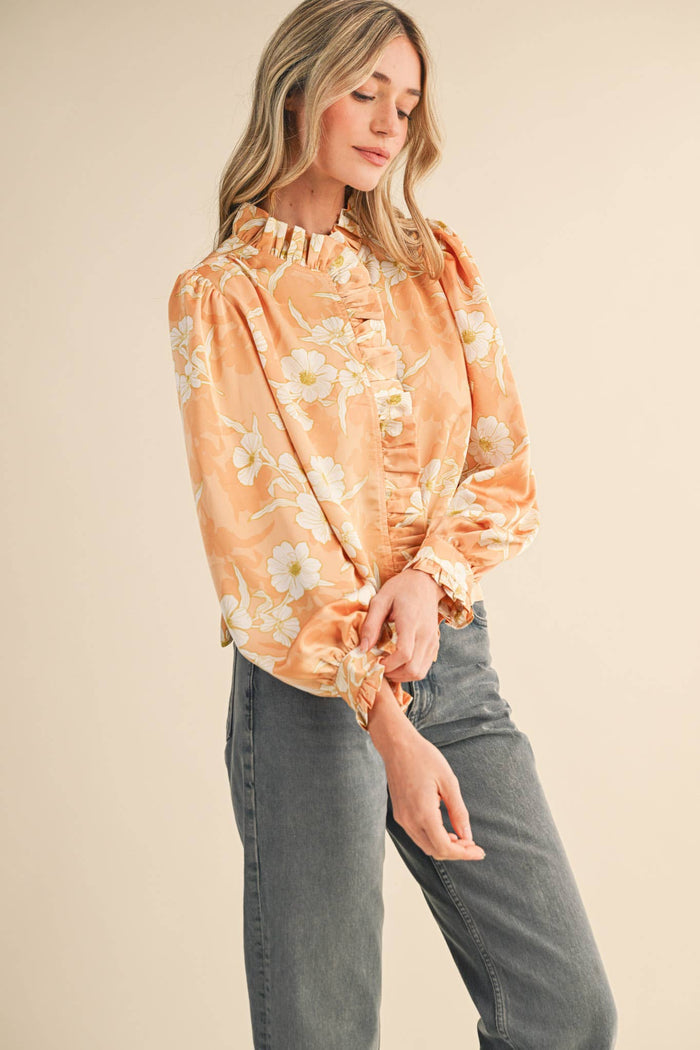 EXCLUSIVE FLORAL PRINT RUFFLED BUTTON DOWN TOP MTP4708: SILVER GREY FLORAL / L