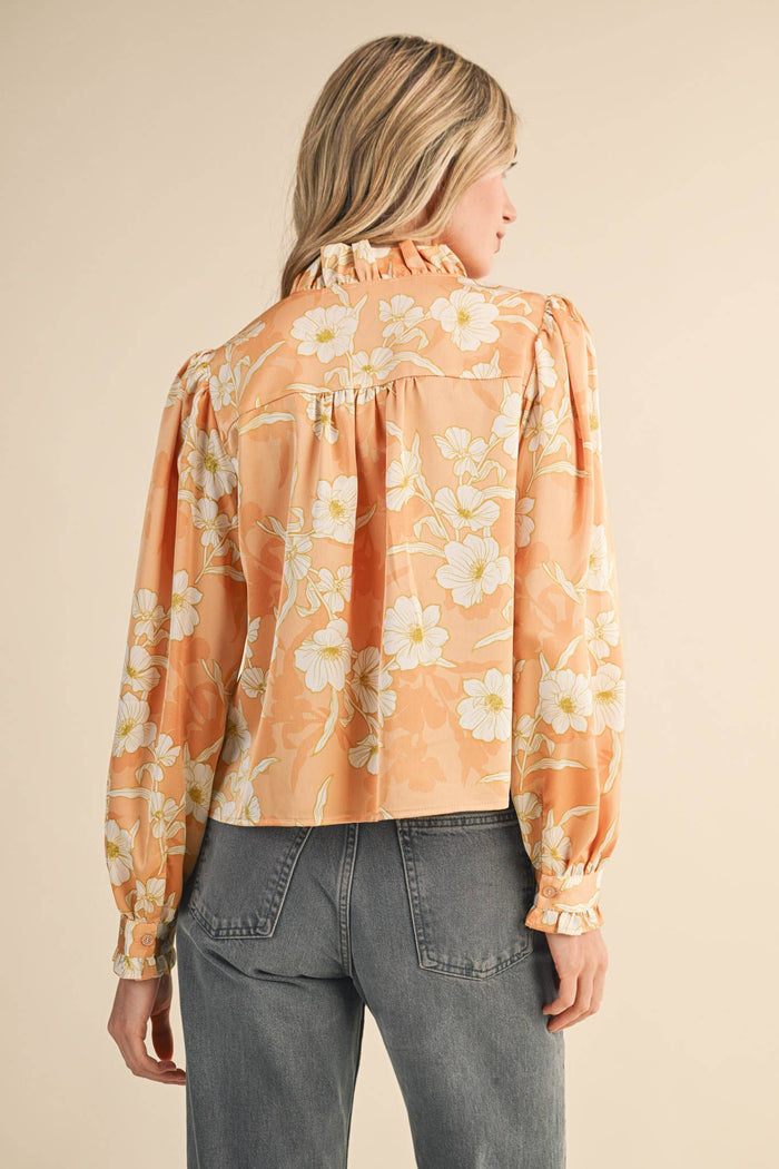 EXCLUSIVE FLORAL PRINT RUFFLED BUTTON DOWN TOP MTP4708: SILVER GREY FLORAL / L