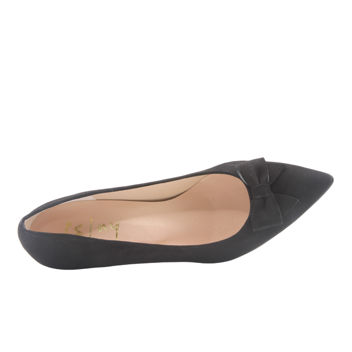 black suede heel with matching black suede bow pointed toe top view