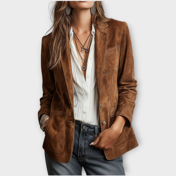 Blazer femme cintré en daim à boutonnage et poches devant 4