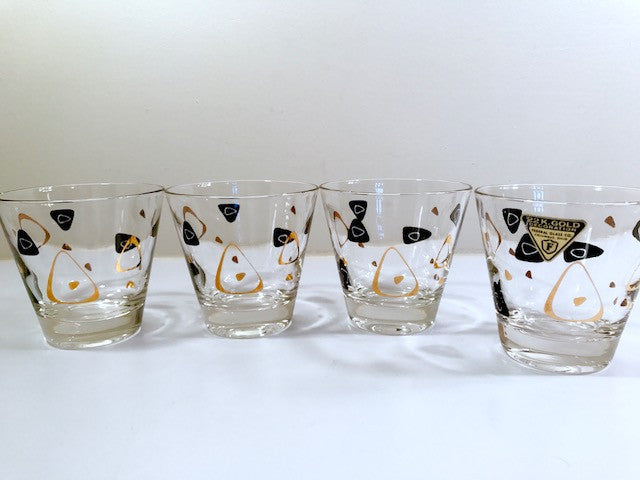 Federal Glass Mid-Century Black and 22-Karat Gold Amoeba Boomerang Old Fashion Glasses (Set of 4)