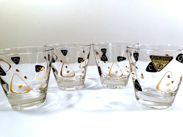 Federal Glass Mid-Century Black and 22-Karat Gold Amoeba Boomerang Old Fashion Glasses (Set of 4)