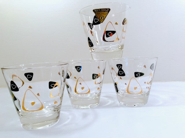 Federal Glass Mid-Century Black and 22-Karat Gold Amoeba Boomerang Old Fashion Glasses (Set of 4)