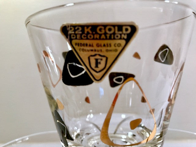 Federal Glass Mid-Century Black and 22-Karat Gold Amoeba Boomerang Old Fashion Glasses (Set of 4)