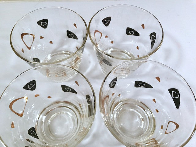 Federal Glass Mid-Century Black and 22-Karat Gold Amoeba Boomerang Old Fashion Glasses (Set of 4)