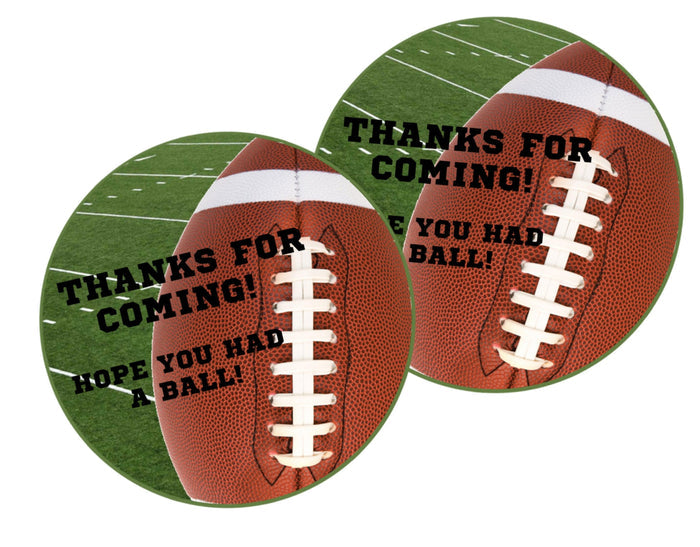 Green football party favor label with bold black text